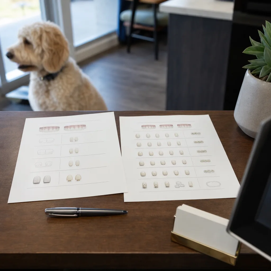 Treatment plan papers comparing crown costs at Lakewood cosmetic dentist office