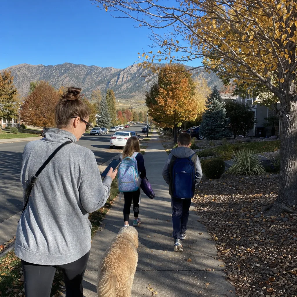 Lakewood parent checking phone schedule while walking with kids outdoors