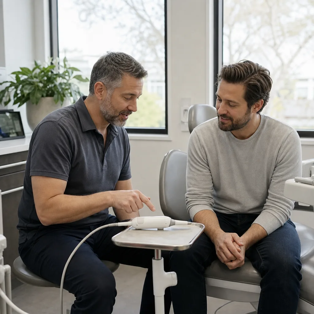 Dentist explaining same-day crown appointment steps to patient in Lakewood office