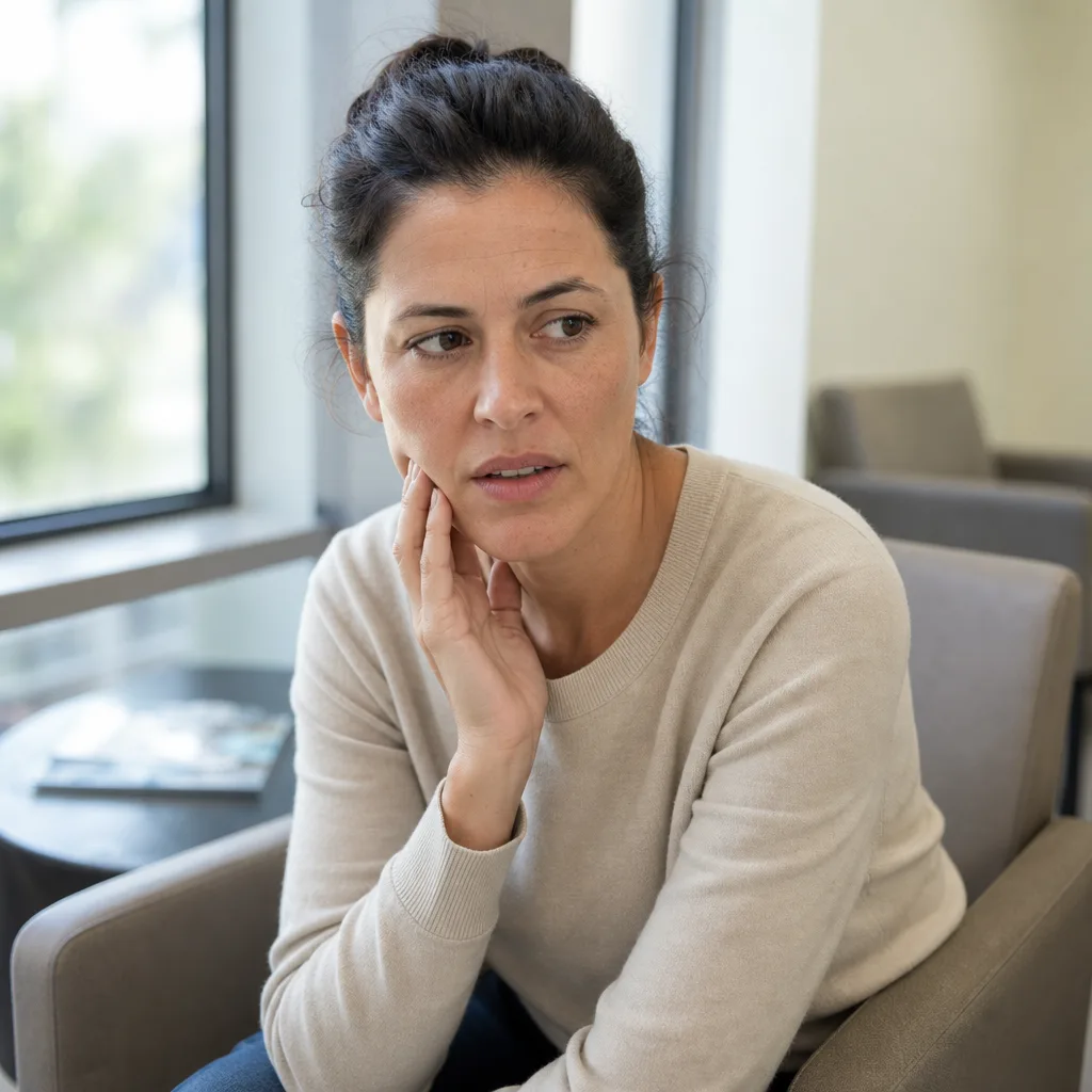 Patient in Lakewood waiting room showing signs of concern about crown condition